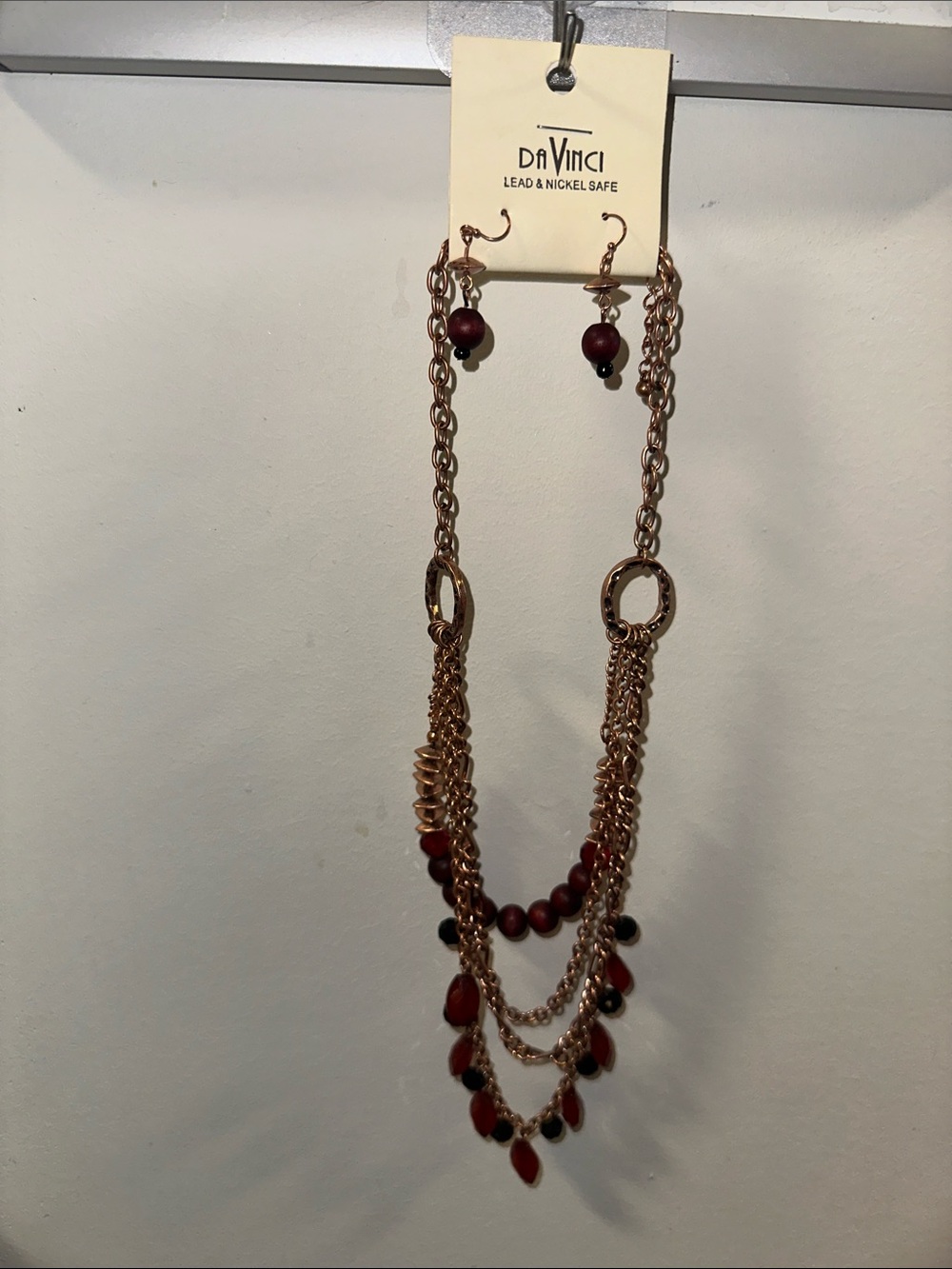 DaVinci Rose Copper Toned Layered Chain Necklace with Red Beads, NWT